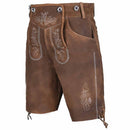 Brown leather traditional Lederhosen shorts with white embroidery, decorative stitching, and metal buckle details on a white background.