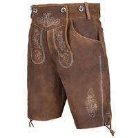 Brown leather traditional Lederhosen shorts with white embroidery, decorative stitching, and metal buckle details on a white background.