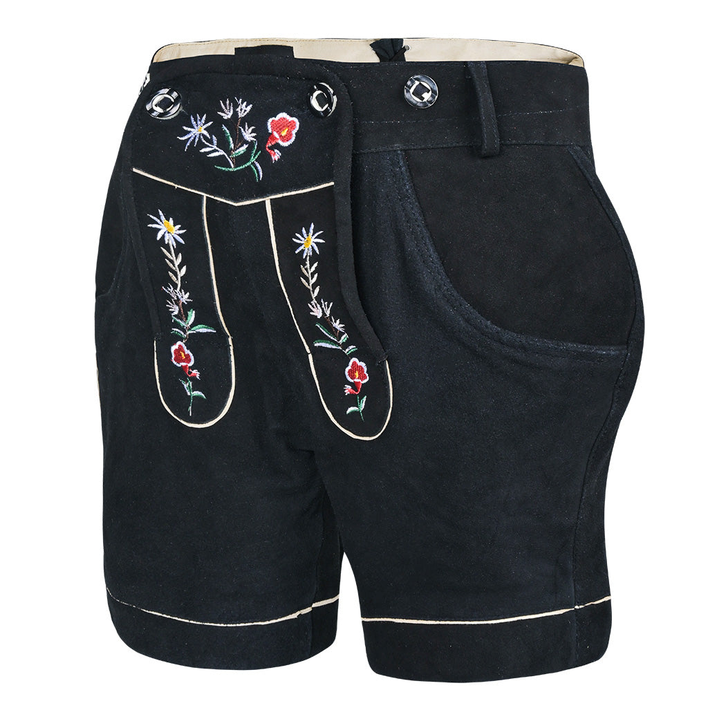 Angled front view of Womens Suede Leather Lederhosen Oktoberfest Outfit Black with floral embroidery and traditional styling