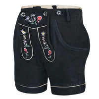 Angled front view of Womens Suede Leather Lederhosen Oktoberfest Outfit Black with floral embroidery and traditional styling