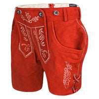 Angled front view of Womens Red Suede Leather Lederhosen Oktoberfest Outfit featuring traditional embroidery and side lacing