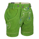 Angled front view of Authentic Oktoberfest Outfit Womens Suede Leather Lederhosen Green highlighting floral embroidery and traditional knife pocket
