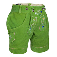 Angled front view of Authentic Oktoberfest Outfit Womens Suede Leather Lederhosen Green highlighting floral embroidery and traditional knife pocket