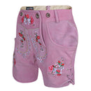 Angled front view of Womens Oktoberfest Outfit Lederhosen Suede Leather Oktoberfest Dress Rose Pink highlighting floral embroidery and adjustable leg lacing