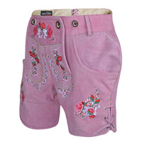 Angled front view of Womens Oktoberfest Outfit Lederhosen Suede Leather Oktoberfest Dress Rose Pink highlighting floral embroidery and adjustable leg lacing