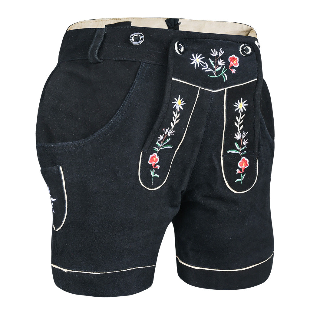 Angled view of Womens Suede Leather Lederhosen Oktoberfest Outfit Black highlighting embroidered details and side pocket