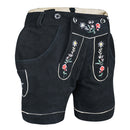Angled view of Womens Suede Leather Lederhosen Oktoberfest Outfit Black highlighting embroidered details and side pocket