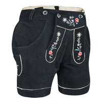 Angled view of Womens Suede Leather Lederhosen Oktoberfest Outfit Black highlighting embroidered details and side pocket