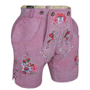 Angled product view of Womens Oktoberfest Outfit Lederhosen Suede Leather Oktoberfest Dress Rose Pink featuring floral embroidery and suede construction