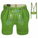 Authentic Oktoberfest Outfit Womens Suede Leather Lederhosen Green with detachable embroidered suspenders displayed separately