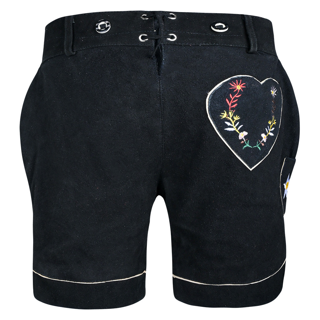Back view of Womens Suede Leather Lederhosen Oktoberfest Outfit Black featuring embroidered heart back pocket and adjustable waist lacing