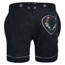 Back view of Womens Suede Leather Lederhosen Oktoberfest Outfit Black featuring embroidered heart back pocket and adjustable waist lacing