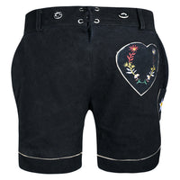 Back view of Womens Suede Leather Lederhosen Oktoberfest Outfit Black featuring embroidered heart back pocket and adjustable waist lacing
