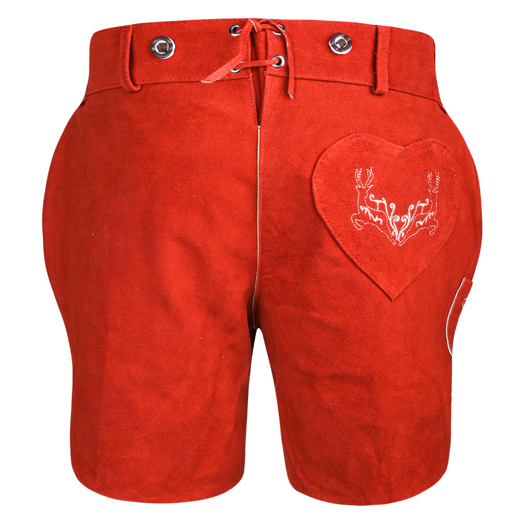 Back view of Womens Red Suede Leather Lederhosen Oktoberfest Outfit with embroidered heart pocket and rear waist lacing