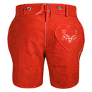 Back view of Womens Red Suede Leather Lederhosen Oktoberfest Outfit with embroidered heart pocket and rear waist lacing