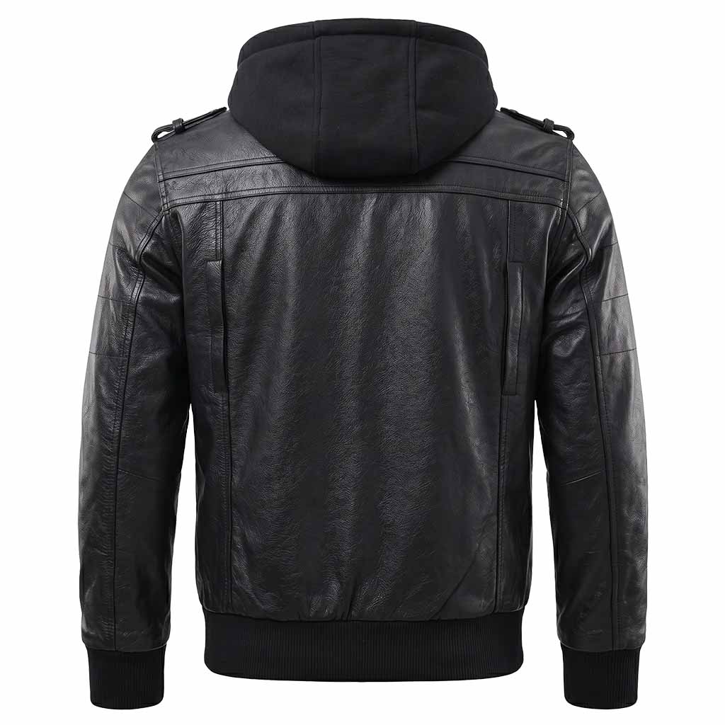 Back view of Side pose of RIDERACT® Leather Motorcycle Jacket with Hood 