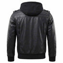 Back view of Side pose of RIDERACT® Leather Motorcycle Jacket with Hood 