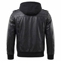 Back view of Side pose of RIDERACT® Leather Motorcycle Jacket with Hood 