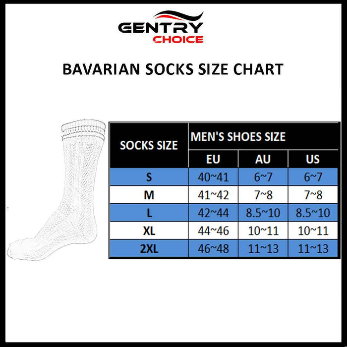 Gentry Choice Bavarian Socks Grey Size chart