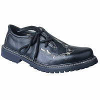 Black genuine cowhide leather Bavarian shoe with cream embroidered oak-branch pattern, side profile