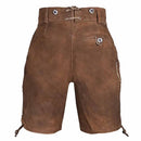 Brown leather lederhosen shorts with silver metal snap buttons, a lace-up waist, and a back pocket, shown against a plain white background.
