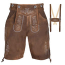Brown leather traditional Lederhosen with white embroidery and suspenders shown separately on a white background.