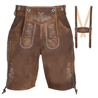 Brown leather traditional Lederhosen with white embroidery and suspenders shown separately on a white background.