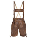 Brown leather traditional Bavarian Lederhosen with white embroidered details, beige suspenders, and silver metal hardware, shown against a plain white background.