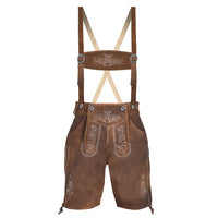 Brown leather traditional Bavarian Lederhosen with white embroidered details, beige suspenders, and silver metal hardware, shown against a plain white background.