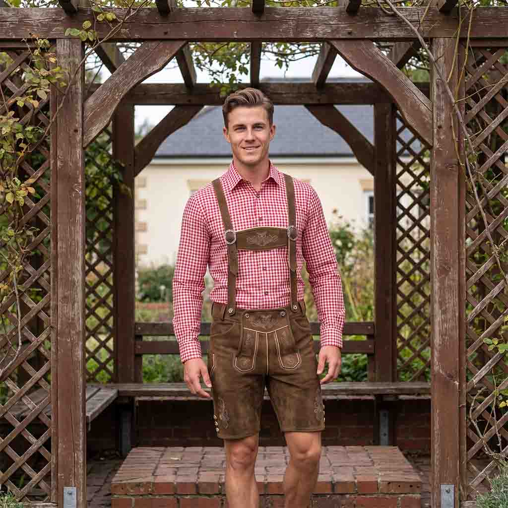 Brown suede leather men's Bavarian lederhosen with suspenders, men lifestyle
