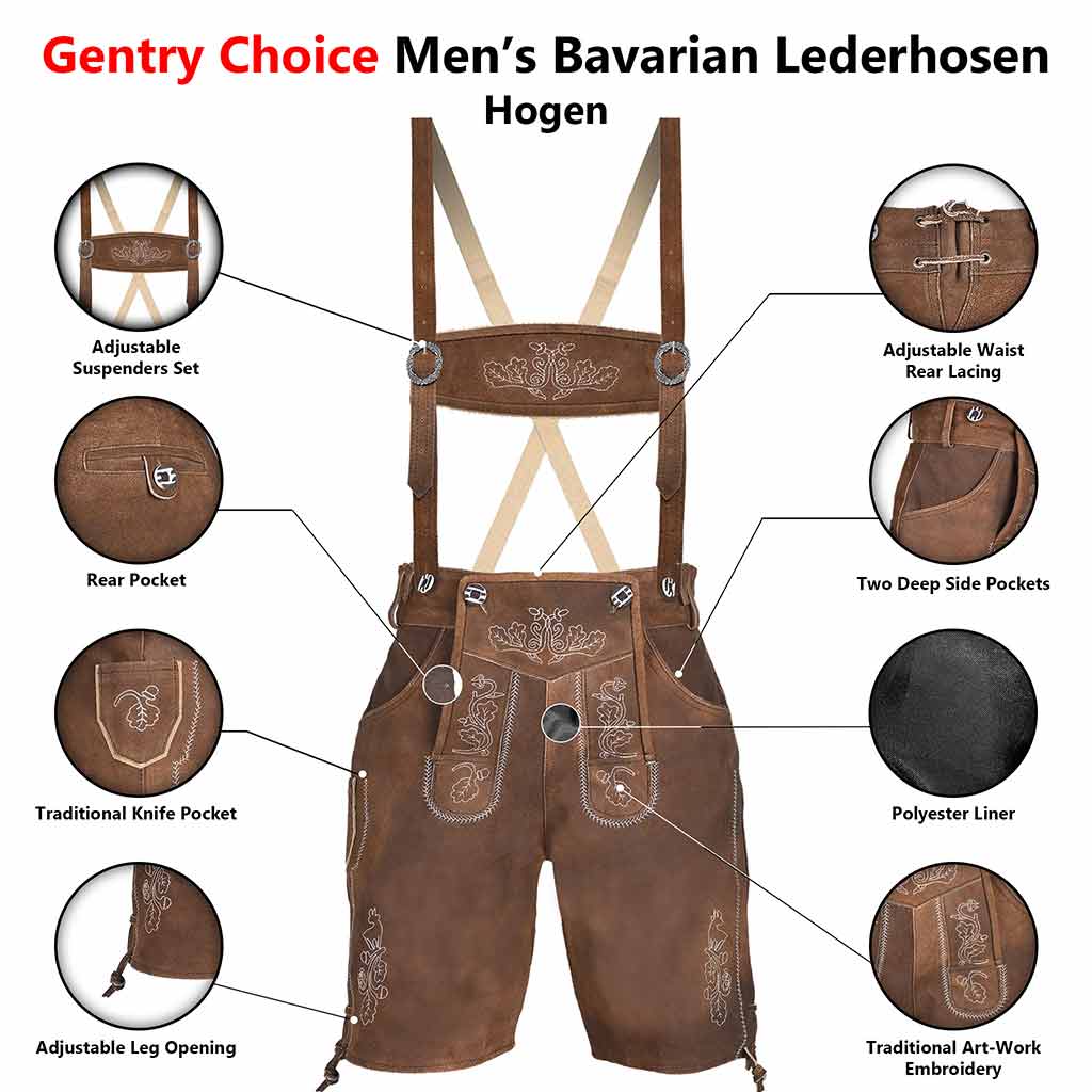 Brown suede leather men's Bavarian lederhosen with suspenders, shown on a white background with callout circles highlighting features such as adjustable suspenders, rear pocket, knife pocket, side pockets, leg opening, and embroidery.