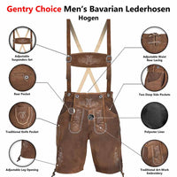 Brown suede leather men's Bavarian lederhosen with suspenders, shown on a white background with callout circles highlighting features such as adjustable suspenders, rear pocket, knife pocket, side pockets, leg opening, and embroidery.