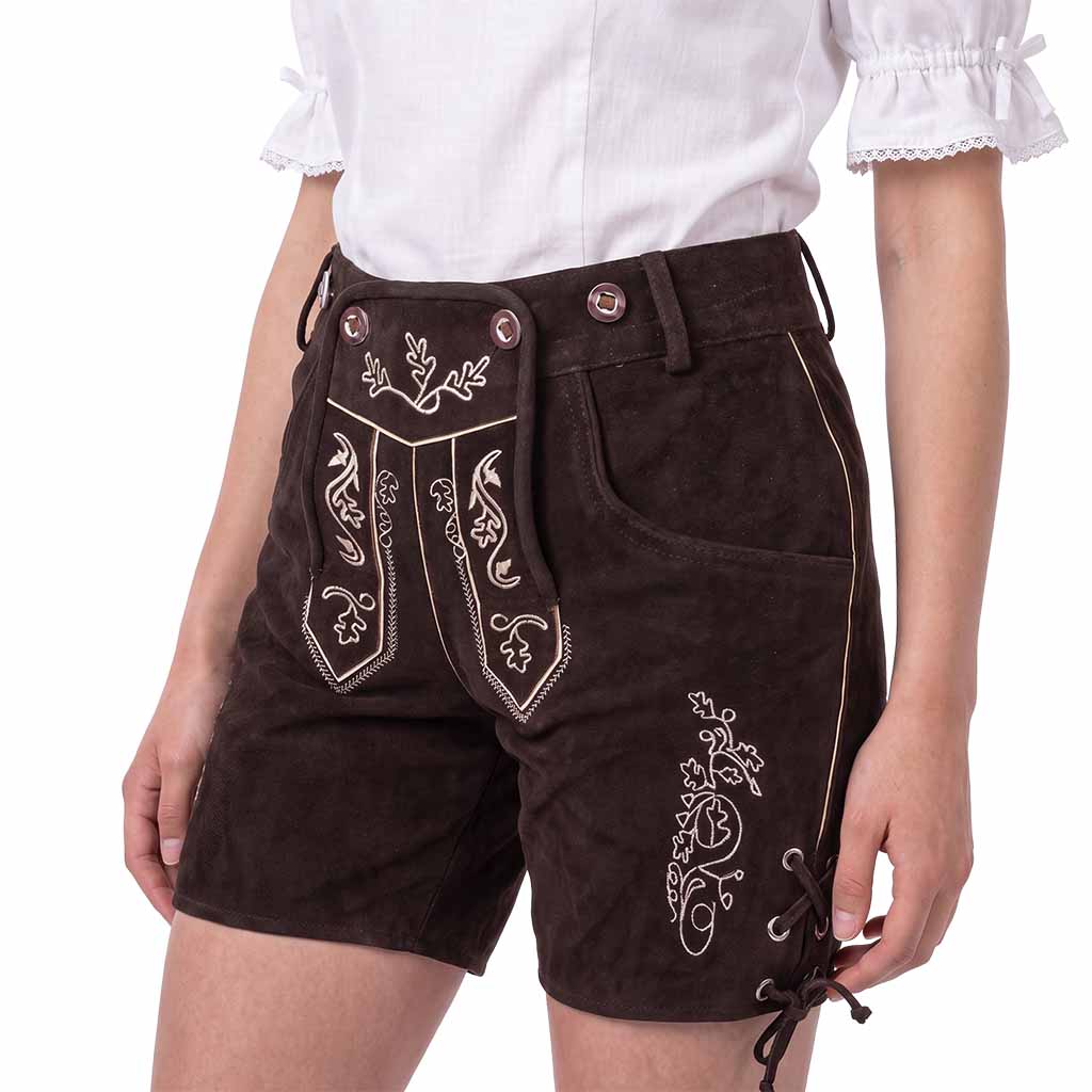 Close-up of Womens Oktoberfest Outfit Bavarian Suede Leather Lederhosen Costume Chocolate Brown
