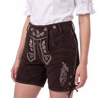 Close-up of Womens Oktoberfest Outfit Bavarian Suede Leather Lederhosen Costume Chocolate Brown