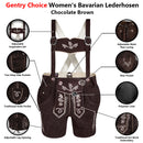 Womens Oktoberfest Outfit Bavarian Suede Leather Lederhosen Costume Chocolate Brown with adjustable suspenders, embroidered details, side pockets and rear lacing
