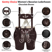 Womens Oktoberfest Outfit Bavarian Suede Leather Lederhosen Costume Chocolate Brown with adjustable suspenders, embroidered details, side pockets and rear lacing