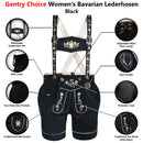 Womens Suede Leather Lederhosen Oktoberfest Outfit Black showing adjustable suspenders, rear waist lacing, side pockets, knife pocket and floral embroidery