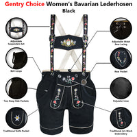 Womens Suede Leather Lederhosen Oktoberfest Outfit Black showing adjustable suspenders, rear waist lacing, side pockets, knife pocket and floral embroidery