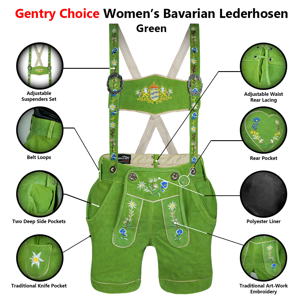 Womens Oktoberfest Outfit Lederhosen Suede Leather Oktoberfest Dress Green showing adjustable suspenders, suede leather, deep pockets, waist lacing and embroidery