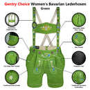 Womens Oktoberfest Outfit Lederhosen Suede Leather Oktoberfest Dress Green showing adjustable suspenders, suede leather, deep pockets, waist lacing and embroidery