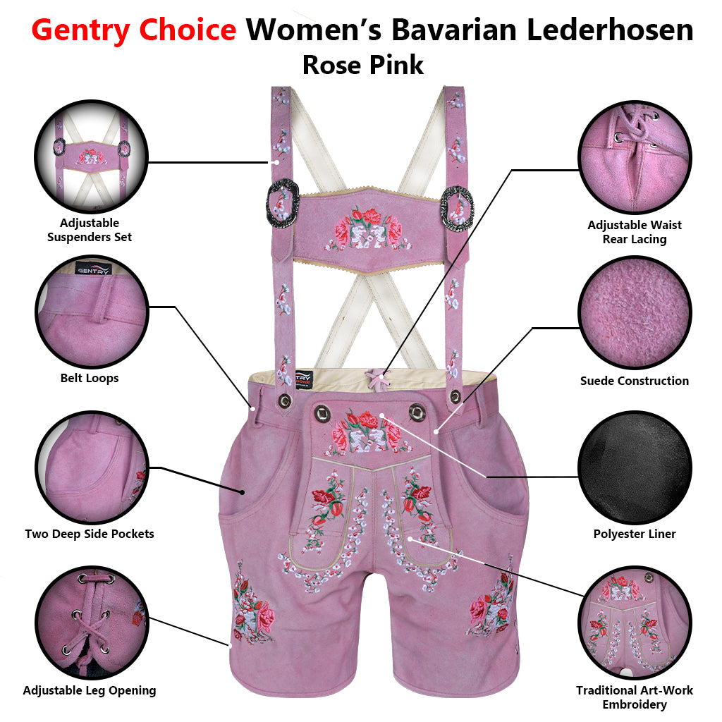 Womens Oktoberfest Outfit Lederhosen Suede Leather Oktoberfest Dress Rose Pink showing adjustable suspenders, suede leather, deep pockets, waist lacing and embroidery