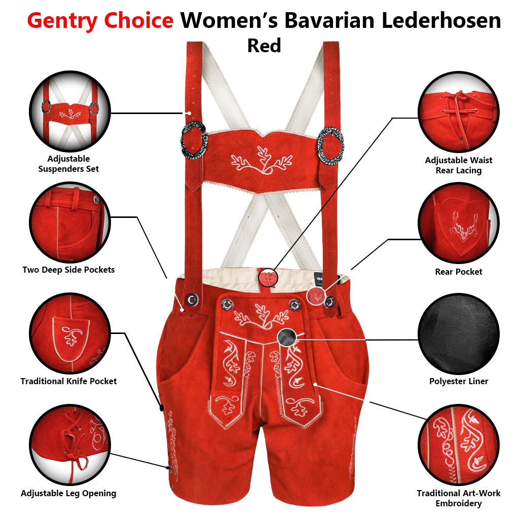 Womens Red Suede Leather Lederhosen Oktoberfest Outfit showing adjustable suspenders, rear lacing, side pockets, embroidery and knife pocket