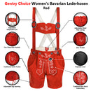 Womens Red Suede Leather Lederhosen Oktoberfest Outfit showing adjustable suspenders, rear lacing, side pockets, embroidery and knife pocket