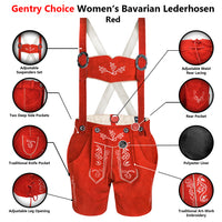 Womens Red Suede Leather Lederhosen Oktoberfest Outfit showing adjustable suspenders, rear lacing, side pockets, embroidery and knife pocket