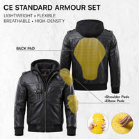Features of armor Infographics of RIDERACT® Leather Motorcycle Jacket with Hood 