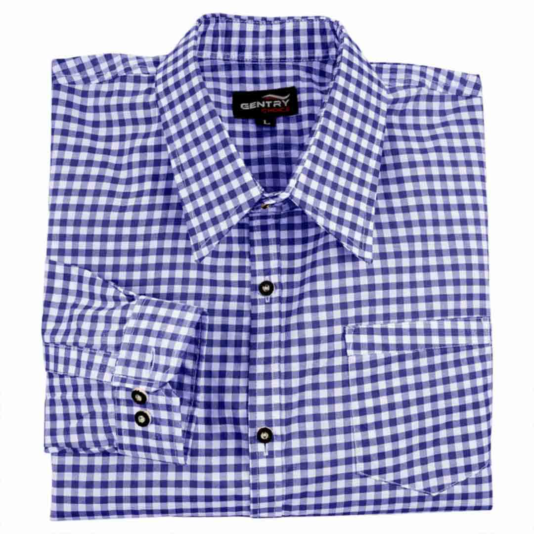 Folded Men's Oktoberfest Shirt Blue Checked Bavarian Shirt showcasing premium cotton gingham fabric