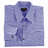 Folded Men's Oktoberfest Shirt Blue Checked Bavarian Shirt showcasing premium cotton gingham fabric