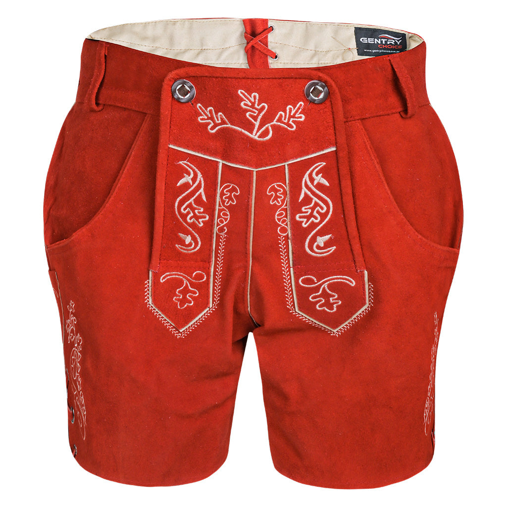 Close up front view of Womens Red Suede Leather Lederhosen Oktoberfest Outfit highlighting embroidered apron flap and pockets