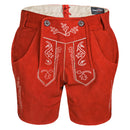 Close up front view of Womens Red Suede Leather Lederhosen Oktoberfest Outfit highlighting embroidered apron flap and pockets