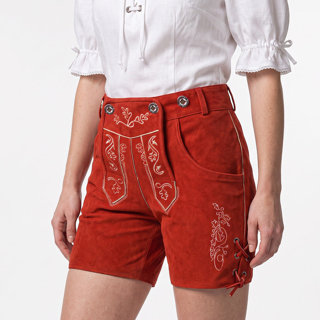 Womens Red Suede Leather Lederhosen Oktoberfest Outfit with embroidered flap, side pocket and adjustable leg lacing